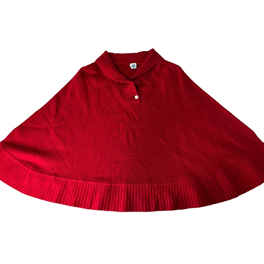 Portlando Cozy Poncho Red Lambswool Angora Flat Knit Roll V-Neck Collar One Size